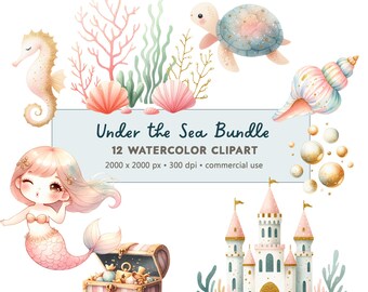 Under the Sea Watercolor Clipart: Pastel Undersea Mermaid Sea Animals Party (PNG Digital Download)