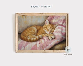 Knuffelige slapende Cyperse kat Art Print: roze girly oranje kat huisdier poster (digitale download)