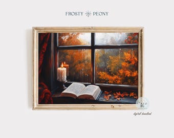 Cozy Fall Reading Art Print: Autumn Rain Candlelit Window Reading Nook Painting (Digital Download)