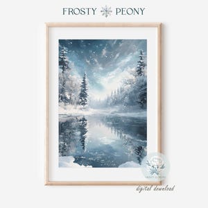 Elegant Winter Wonderland Northern Lights Art Print | Aurora Borealis Snowy River Wall Art | Winter Forest Printable Art | Digital Download