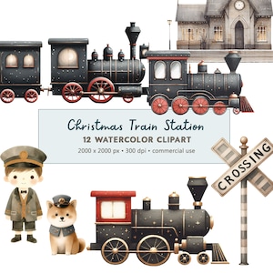 12 Aquarell niedlichen Weihnachten Zug Station Clipart PNG digitaler Download | Weihnachtszug-Set | Gedämpfte Töne Weihnachten PNG | Kommerzielle Nutzung