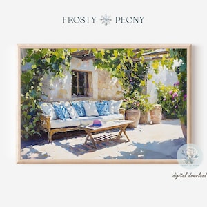 Timeless Sunlit Mediterranean Courtyard Art Print | Floral Courtyard Wall Art | Cozy Mediterranean Patio Printable Art JPG |Digital Download