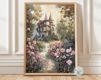 Stampa artistica del castello della foresta incantata: acquerello fantasy da favola con giardino fiorito d'epoca (download digitale)