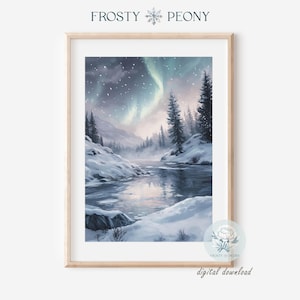 Charming Winter Wonderland Northern Lights Art Print | Aurora Borealis Snowy River Wall Art | Winter Forest Printable Art | Digital Download