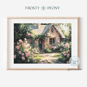 Charming Rose Garden Cottage Kunstdruck | Countryside Cottage Landschaft Wandkunst | Blumengarten druckbare Kunst JPG | Digitaler Download