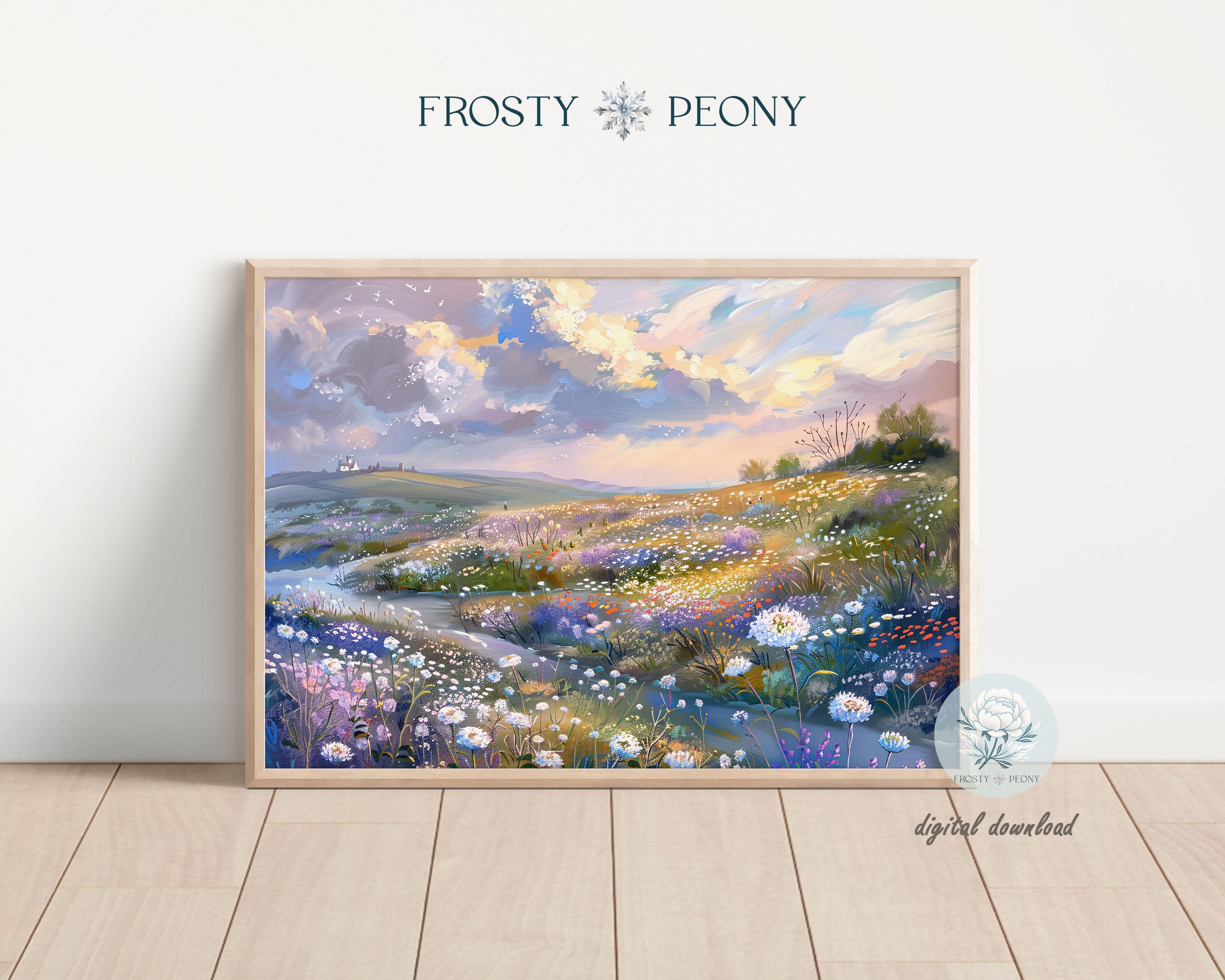 Calm Floral Snowy Riverside Scenery Art Print | Peaceful Winter Riverside Landscape Muted Tones Printable Art JPG | Digital Download