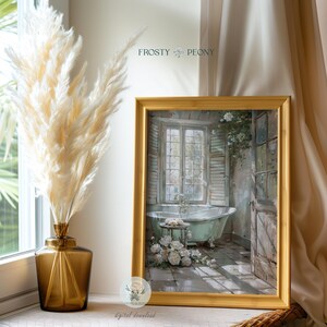Vintage Floral Bathtub Art Print: Rustic Sunlit Floral Bathroom Wall ...