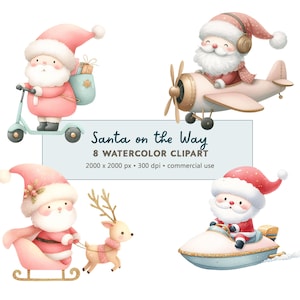 8 Aquarell Weihnachtsmann auf dem Weg Clipart PNG Digital Download | Gedämpfte Töne Weihnachtscliparts | Kommerzielle Nutzung