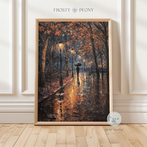 Tranquil Autumn Rainy Night Walk Art Print | Moody Rainy Street Scenery Wall Art | Autumn Rainy Night Printable Art | Digital Download