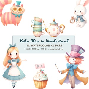 12 Aquarell Boho Alice im Wunderland Clipart PNG digitaler Download | Gedämpfte Töne Alice Tea Party Clipart | Kommerzielle Nutzung