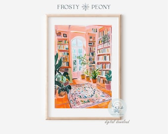 Boho Reading Corner Art Print: Cozy Home Library Botanical Book Nook Painting (Digital Download)