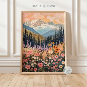 May include: A digital illustration depicting a mountain range with a field of wildflowers in the foreground. The mountains are snow-capped and the sky is a soft pink and orange. The flowers are a variety of colours, including pink, purple, yellow, and white.