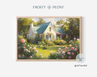 Rose Garden Cottage Art Print: Vintage Countryside Cottage Floral Landscape Painting (Digital Download)