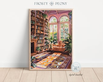 Girly Reading Corner Art Print: Modern Home Library Botanical Book Nook Painting (Digital Download)