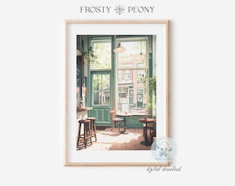 May include: A digital painting of a cafe interior with a large window looking out onto a street. The cafe has a wooden counter, three bar stools, and a small table with two chairs. The window is framed in green and has a view of a building with a pink facade.