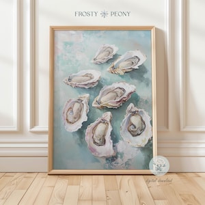 May include: A digital download of a painting featuring a cluster of oysters on a light blue background. The oysters are arranged in a circular pattern, with their shells open and revealing their pearly interiors. The painting is titled "Frosty Peony".
