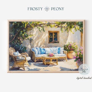 Rustic Sunlit Mediterranean Courtyard Art Print | Floral Courtyard Wall Art | Cozy Mediterranean Patio Printable Art JPG | Digital Download