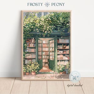 May include: A digital illustration of a green door with glass panels leading into a bookshop. The door is surrounded by lush green vines with white flowers. Bookshelves line the walls of the bookshop, filled with books.