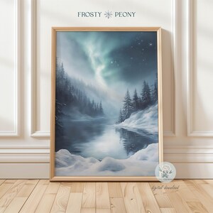 Serene Winter Wonderland Northern Lights Art Print | Aurora Borealis Snowy River Wall Art | Winter Forest Printable Art | Digital Download