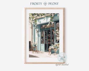May include: A digital illustration of a teal-colored storefront with a glass door and windows. The storefront is adorned with white flowers and greenery. The door is open and there is a wooden stool and a basket of flowers in front of it.