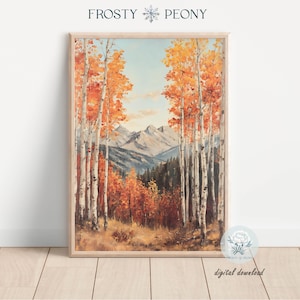 Peaceful Autumn Forest and Snowy Mountains Art Print | Seasonal Change Landscape Wall Decor | Fall Scenery Printable Art | Digital Download