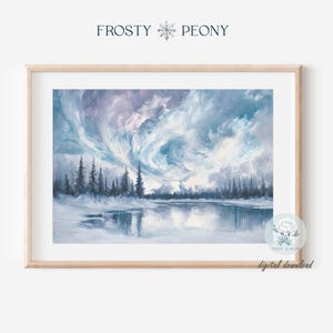 Peaceful Winter Wonderland Northern Lights Art Print | Aurora Borealis Snowy River Wall Art | Winter Forest Printable Art | Digital Download