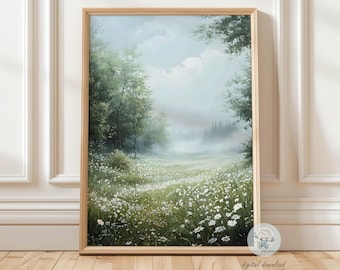 Peaceful Daisy Meadow Art Print: Wildflower Field Cloudy Floral Landscape Painting (Digital Download)