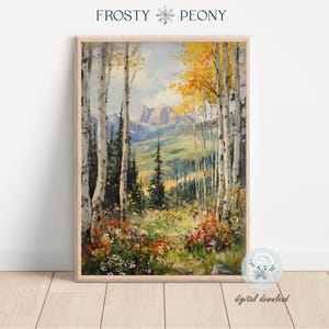 Vibrant Autumn Forest and Snowy Mountains Art Print | Seasonal Change Landscape Wall Decor | Fall Scenery Printable Art | Digital Download