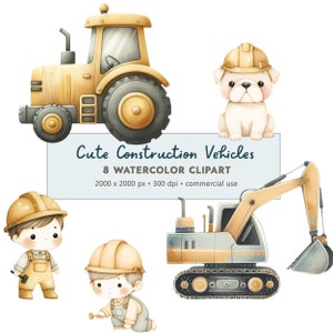8 Aquarell niedliche Baustellenfahrzeuge Clipart PNG digitaler Download | Gedämpfte Töne Baustellenfahrzeuge Set Clipart | Kommerzielle Nutzung
