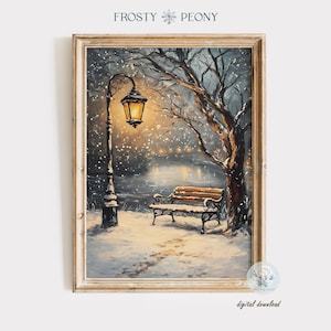 May include: A painting of a snowy scene with a lamppost and a bench under a tree. The lamppost is lit and the snow is falling. The painting is framed in a light wood frame.