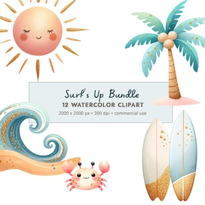 12 Clipart PNG de surf aquarelle en téléchargement numérique | Pack fête sur la plage | Pastel Tones Beach PNG | Usage commercial