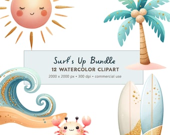 Surf's Up Watercolor Clipart: Retro Surfing Surfboard Summer Beach Birthday (PNG Digital Download)