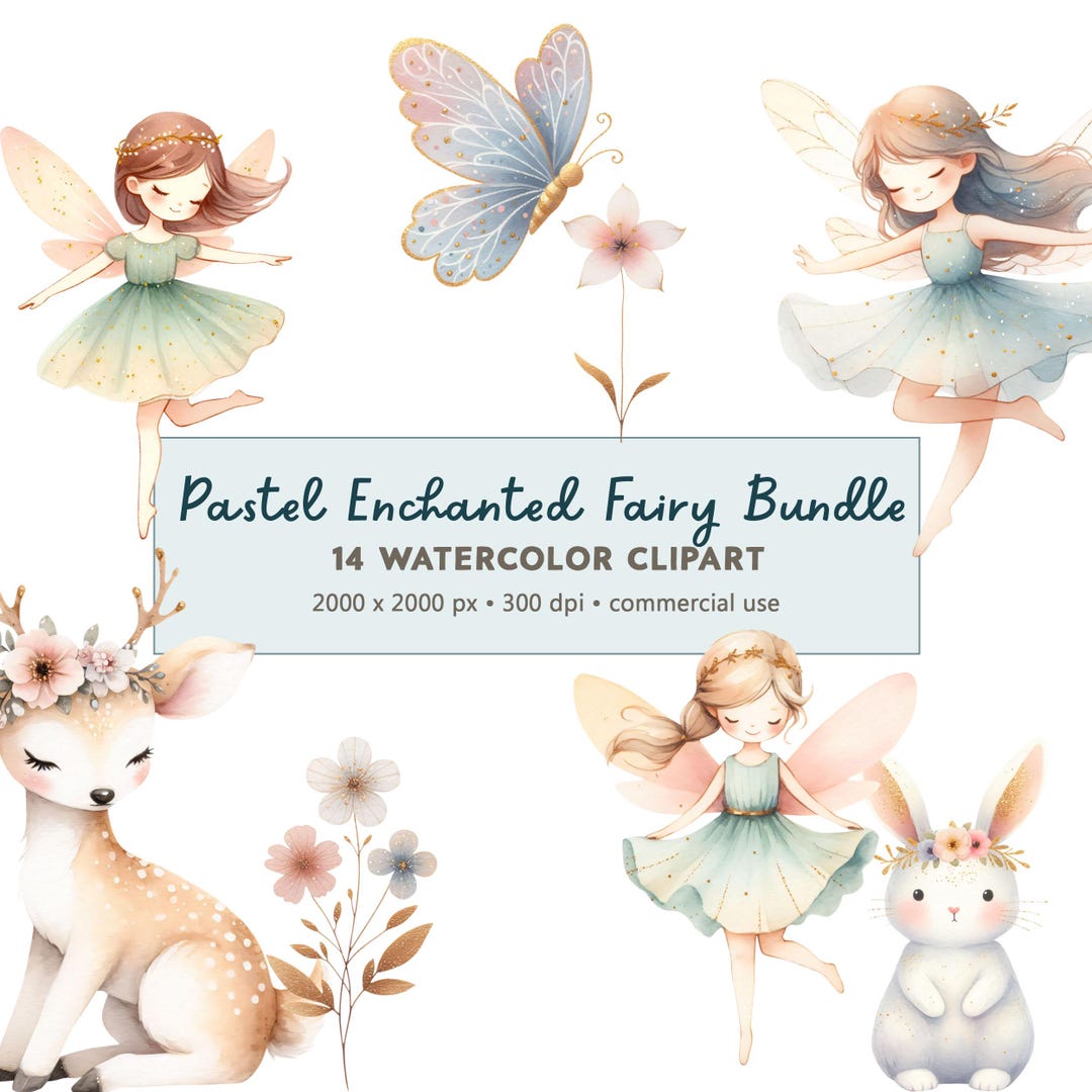 Enchanted Forest Watercolor Clipart: Pastel Fairy Garden Dancing ...