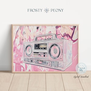 Pink Retro Boombox Art Print | 80s Hip Hop Music Printable Wall Art | Vintage Old School Boombox Poster | Digital Download JPG