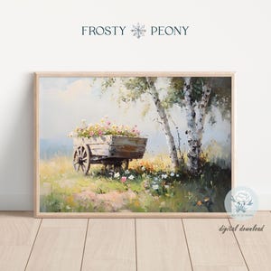 Rustikaler Blumenwagen in Frühlingslandschaft Kunstdruck | Bunte Frühling Wildblumen Wiese Landschaft druckbare Kunst | Digitaler Download