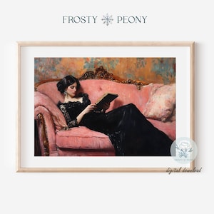 May include: A woman in a black dress sits on a pink velvet chaise lounge and reads a book. The chaise lounge has ornate wooden arms and legs. The background is a blurry painting of a room with gold accents.