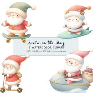 8 Aquarell Weihnachtsmann auf dem Weg Clipart PNG Digital Download | Gedämpfte Töne Weihnachtscliparts | Kommerzielle Nutzung