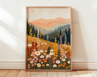 Elegant Wildflower Meadow and Mountain Scenery Art Print | Lively Floral Mountain Landscape Muted Tones Printable Art | Digital Download