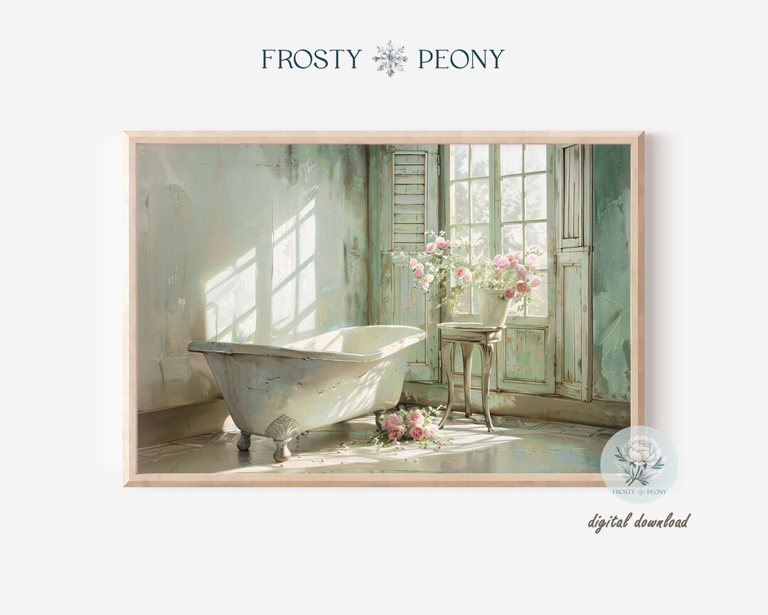 Vintage Floral Bathtub Art Print: Rustic Sunlit Floral Bathroom Wall ...