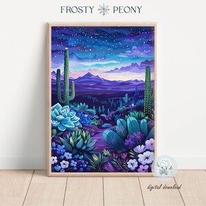 Colorful Starlit Desert at Night Art Print | Dreamy Nature Scene |  Muted Tones Landscape Printable Art JPG | Digital Download