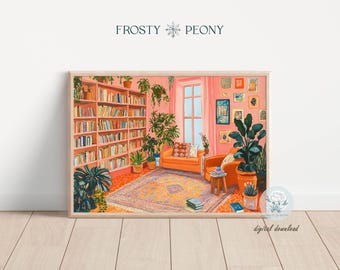 Boho Reading Corner Art Print: Cozy Home Library Botanical Book Nook Painting (Digital Download)