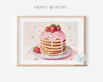 Erdbeer-Pfannkuchen-Glückseligkeit Kunstdruck - Pfannkuchen Frühstück rosa moderne Küche (digitaler Download)