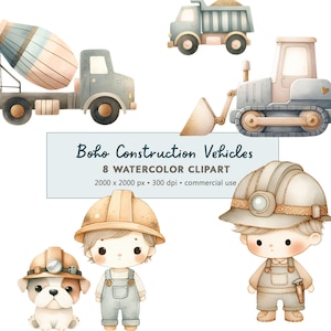 8 Aquarela Boho Veículos de Construção Clipart PNG Download Digital | Tons silenciados veículos de construção conjunto clipart | Uso comercial