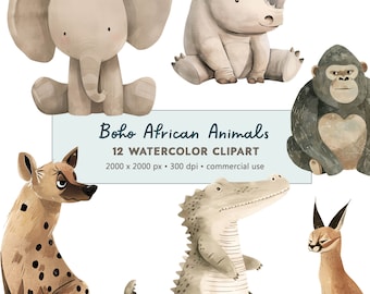 Imágenes prediseñadas de animales africanos estilo boho: Safari en tonos suaves, ¡una fiesta para todos! (Descarga digital PNG)