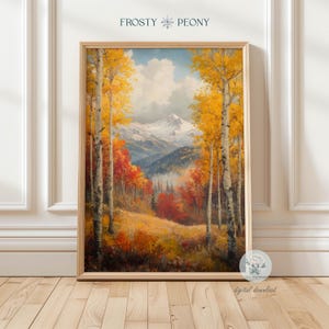 Golden Autumn Forest and Snowy Mountains Art Print | Seasonal Change Landscape Wall Decor | Fall Landscape Printable Art | Digital Download