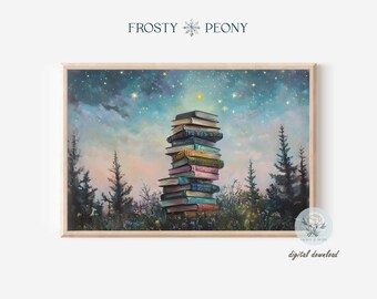 Stacked Books Art Print: Starry Sky Reading Library Enchanted Book Nook Painting (Digital Download)