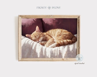 Sleeping Tabby Cat Art Print: Cozy Farmhouse Orange Cat Pet Lovers Painting (Digital Download)