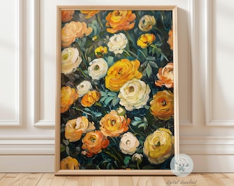 May include: A digital download of a painting featuring a close-up of a bouquet of yellow, white, and orange peonies with green leaves on a dark blue background. The text "FROSTY PEONY" is at the top of the image.