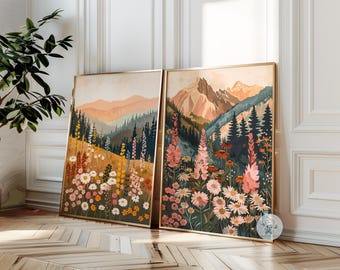 Set of 2 Boho Mountain Wildflower Art Print: Muted Floral Landscape Painting (Digital Download)