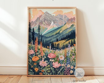 Vivid Abstract Mountain and Wildflower Art Print | Modern Floral Mountain Landscape Muted Tones Printable Art JPG | Digital Download